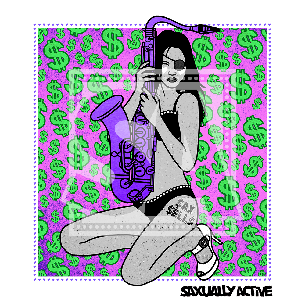 Saxually Active Sax Sells Artwork. Person with saxophone and dollar signs