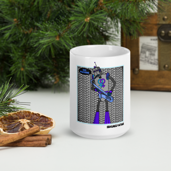 Robot design on a white mug.